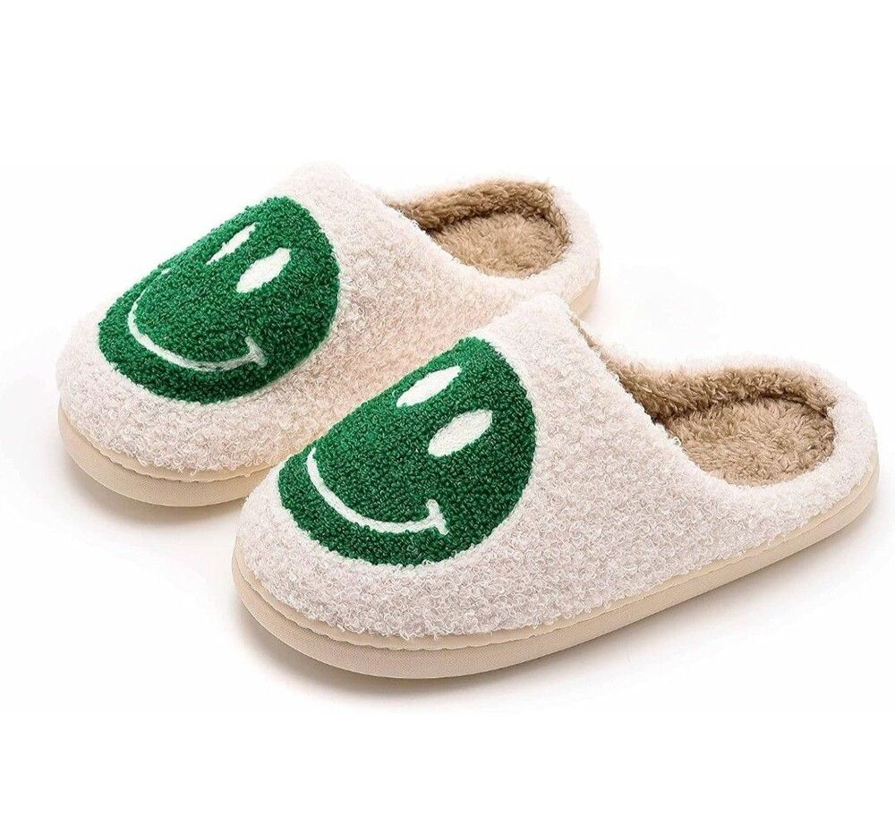 Fuzzy Smiley‎ Face Slippers US Womens 7-8 Cozy Plush House Shoes Green Emoji